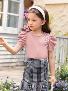 SHEIN Tops con gái lớn Ngọc trai Gân đan màu trơn Dễ thương - Bụi hồng - Xem 5