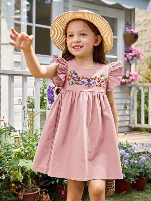 SHEIN Young Girl Toddler Girls Floral Embroidery Ruffle Trim Smock Dress