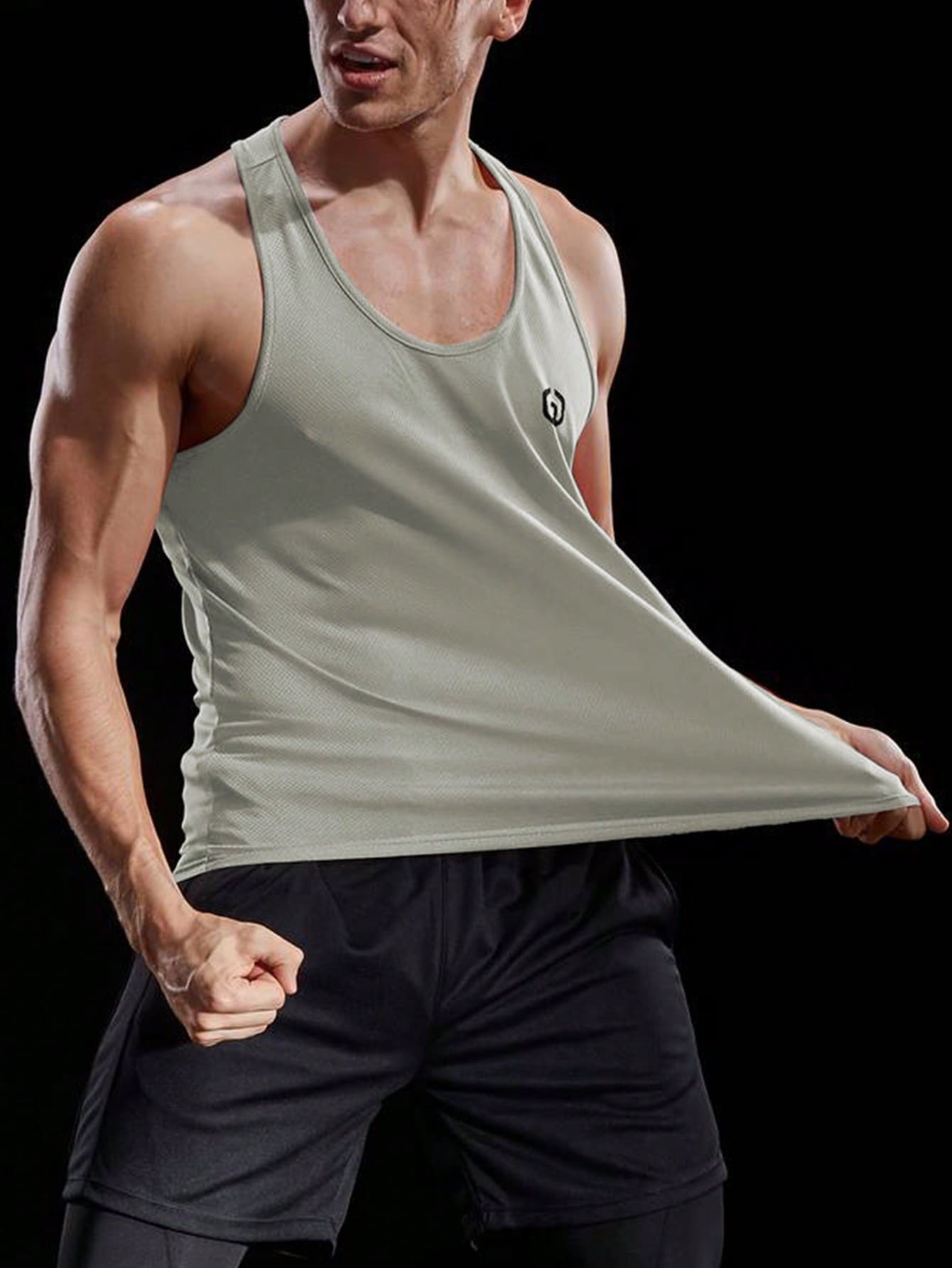 Manfinity Sport Corelite Hombres Top tank deportivo con estampado de letra de espalda nadadora - Caqui - Ver 1