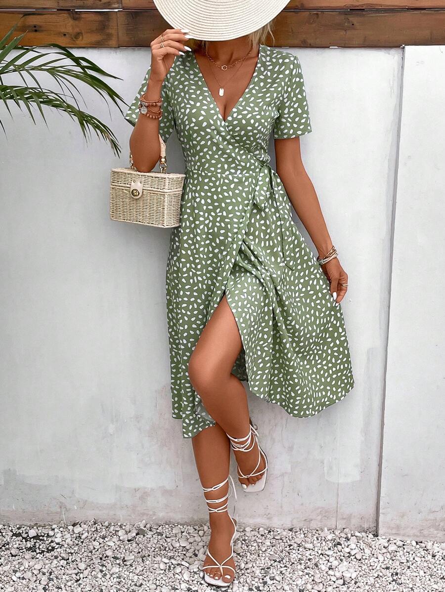 SHEIN Frenchy Allover Print Knot Side Wrap Dress