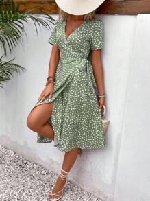 SHEIN Frenchy Allover Print Knot Side Wrap Dress