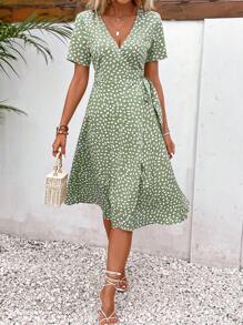 SHEIN Frenchy Allover Print Knot Side Wrap Dress