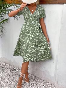 SHEIN Frenchy Allover Print Knot Side Wrap Dress