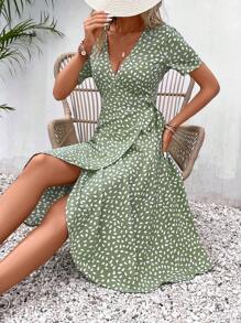 SHEIN Frenchy Allover Print Knot Side Wrap Dress