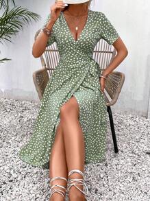 SHEIN Frenchy Allover Print Knot Side Wrap Dress