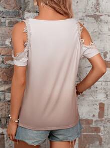 SHEIN LUNE Contrast Lace Cold Shoulder Tee - Multicolor - View 2