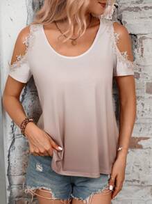 SHEIN LUNE Contrast Lace Cold Shoulder Tee - Multicolor - View 3