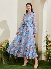 Modelyn 印花燈籠袖荷葉邊繫腰帶連衣裙 - 霧霾藍 - 查看 3