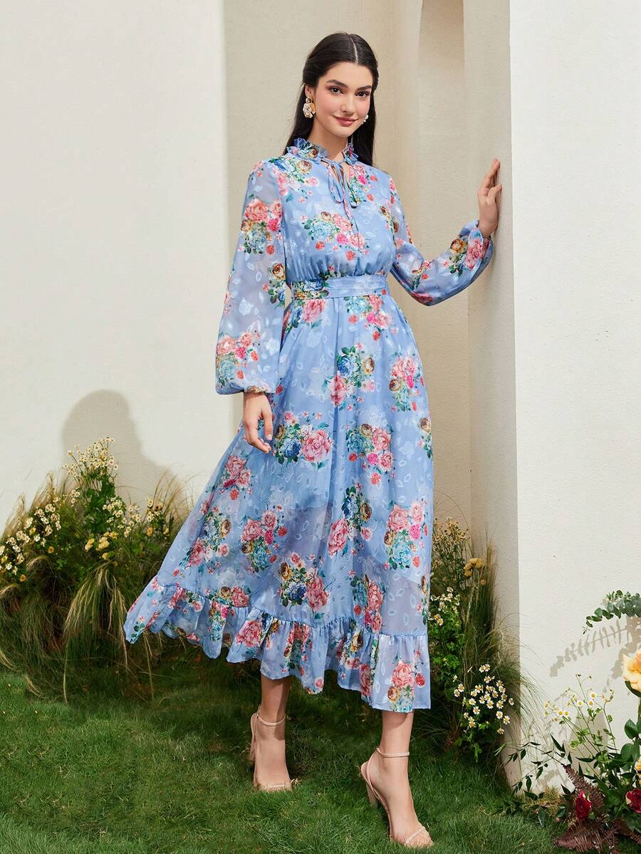 Modelyn 印花燈籠袖荷葉邊繫腰帶連衣裙 - 霧霾藍 - 查看 1