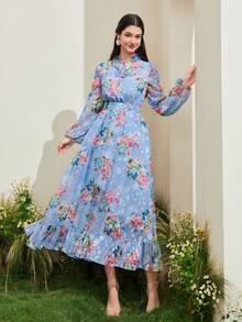 Modelyn 印花燈籠袖荷葉邊繫腰帶連衣裙 - 霧霾藍 - 查看 4