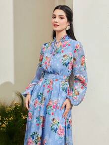 Modelyn 印花燈籠袖荷葉邊繫腰帶連衣裙 - 霧霾藍 - 查看 6