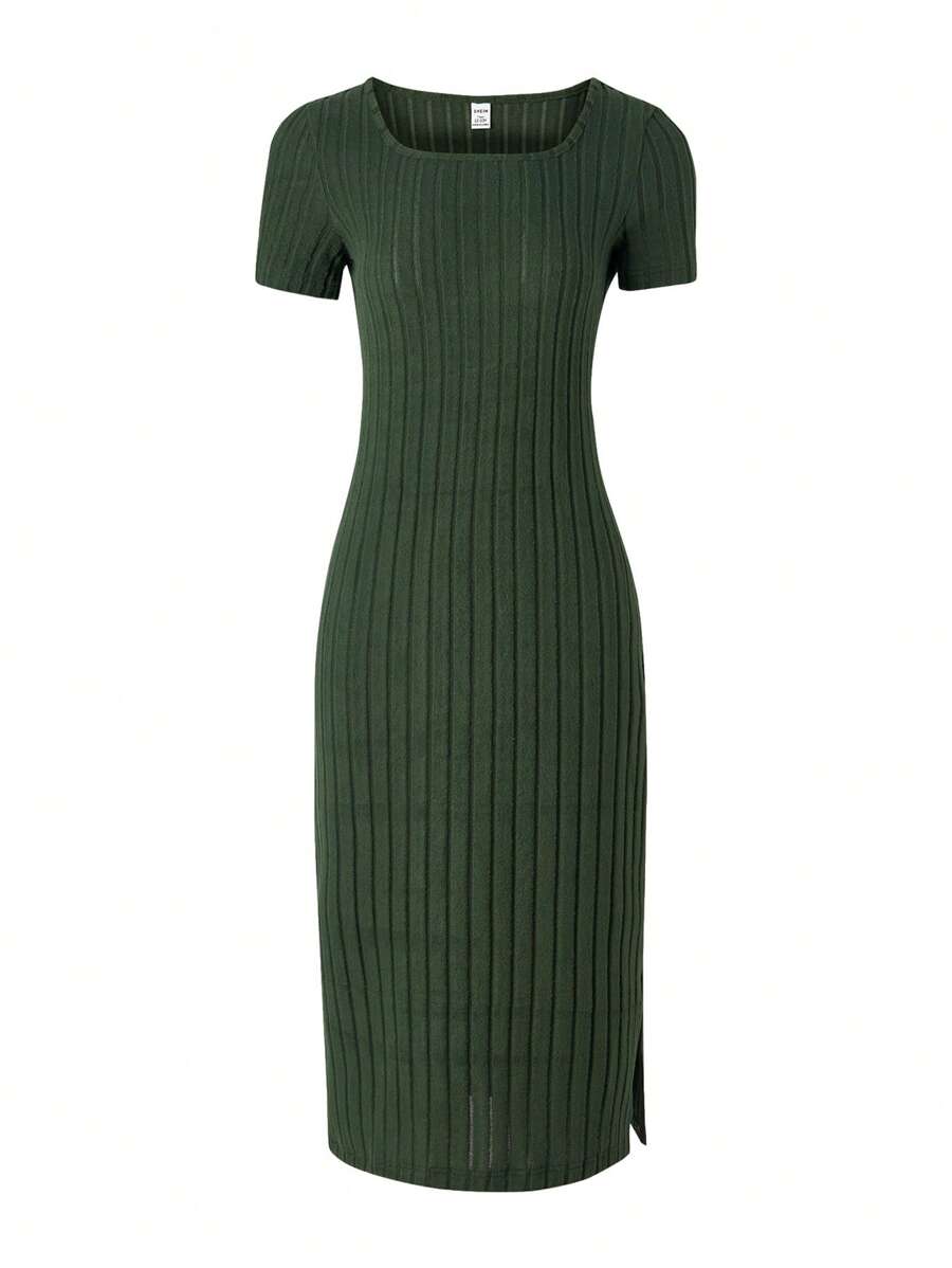 SHEIN Teen Girls Ribbed Knit Split Hem Dress - Army Green - View 1