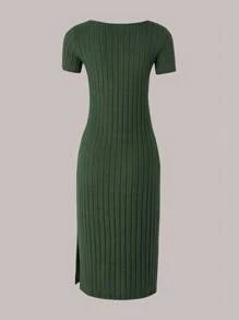 SHEIN Teen Girls Ribbed Knit Split Hem Dress - Army Green - View 2