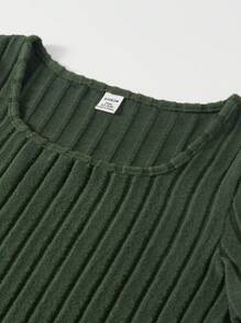 SHEIN Teen Girls Ribbed Knit Split Hem Dress - Army Green - View 3