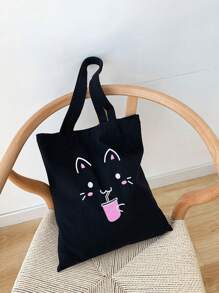 Chicas 1 pieza Bolso de compra de lona con patrón de gato - Negro - Ver 1