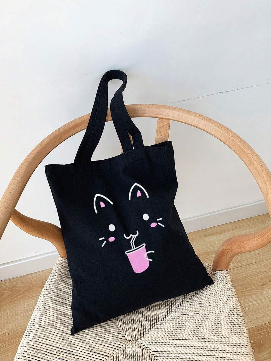 Chicas 1 pieza Bolso de compra de lona con patrón de gato - Negro - Ver 1