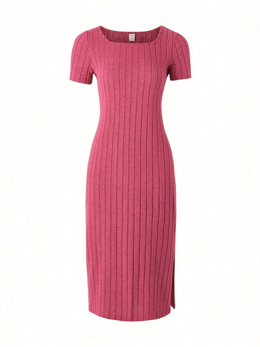 SHEIN Teen Girls Ribbed Knit Split Hem Dress - Hot Pink - View 1