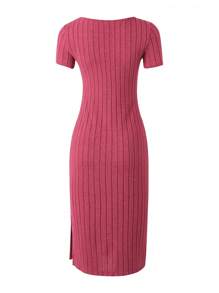 SHEIN Teen Girls Ribbed Knit Split Hem Dress - Hot Pink - View 2