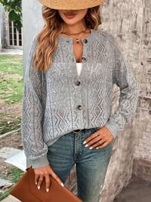 SHEIN LUNE Pointelle Knit Raglan Sleeve Cardigan Without Cami Top Western Wear Women Going Out Tops Women - Light Grey - View 3