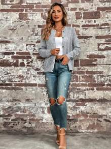 SHEIN LUNE Pointelle Knit Raglan Sleeve Cardigan Without Cami Top Western Wear Women Going Out Tops Women - Light Grey - View 4