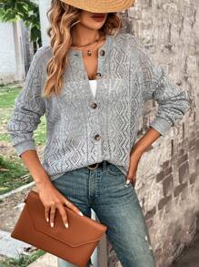 SHEIN LUNE Pointelle Knit Raglan Sleeve Cardigan Without Cami Top Western Wear Women Going Out Tops Women - Light Grey - View 5