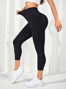 Yoga Basic 素色收復運動打底褲 - 黑色 - 查看 1