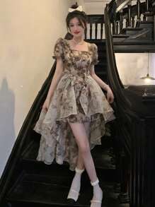 Đầm viền lá sen Cao thấp Hoa Tất cả trên in Buổi tiệc - Nhiều màu - Xem 1