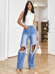 SHEIN Essnce Jeans de pierna recta desgarro - Lavado ligero - Ver 4