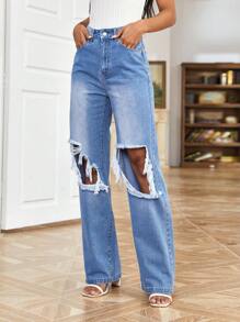 SHEIN Essnce Jeans de pierna recta desgarro - Lavado ligero - Ver 5