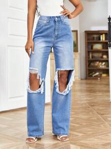 SHEIN Essnce Jeans de pierna recta desgarro - Lavado ligero - Ver 1