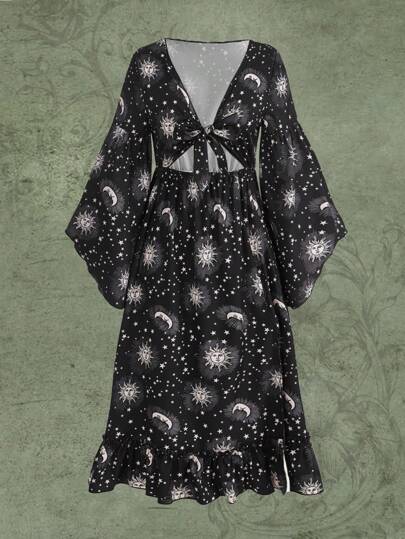 Hippie Sun & Moon Print Tie Front Dress