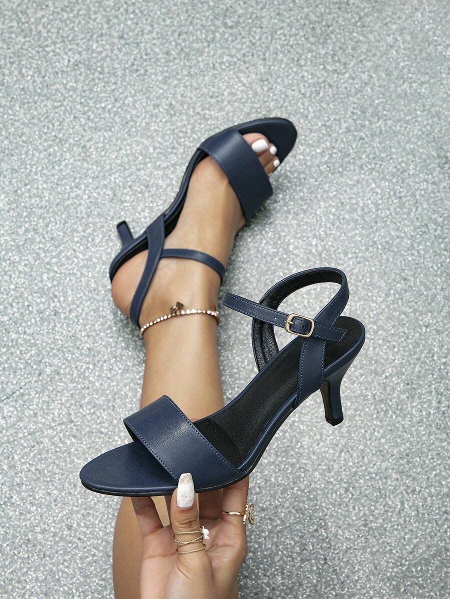 女士極簡細跟踝帶時尚藍色涼鞋