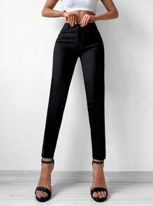 EURMUSE Solid High Waist Skinny Cropped Jeans - Black - View 1