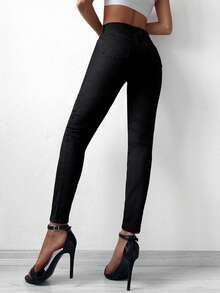 EURMUSE Solid High Waist Skinny Cropped Jeans - Black - View 2