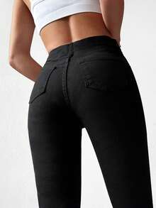 EURMUSE Solid High Waist Skinny Cropped Jeans - Black - View 4