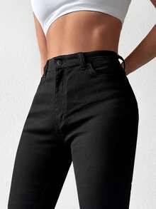EURMUSE Solid High Waist Skinny Cropped Jeans - Black - View 5