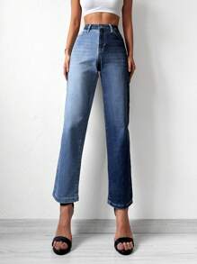 Cottnline Two Tone Straight Leg Jeans - Multicolor - View 1
