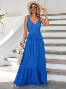 RueChic Plus Size Women Solid Color Round Neck Sleeveless Ruffled Hem Casual Dress - Blue - View 1