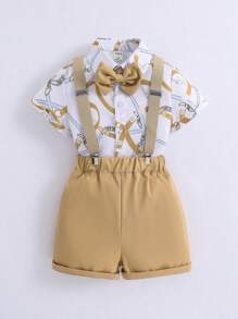SHEIN 男小童錬條圖案前蝴蝶結襯衫和背帶短褲 - 彩色 - 查看 1