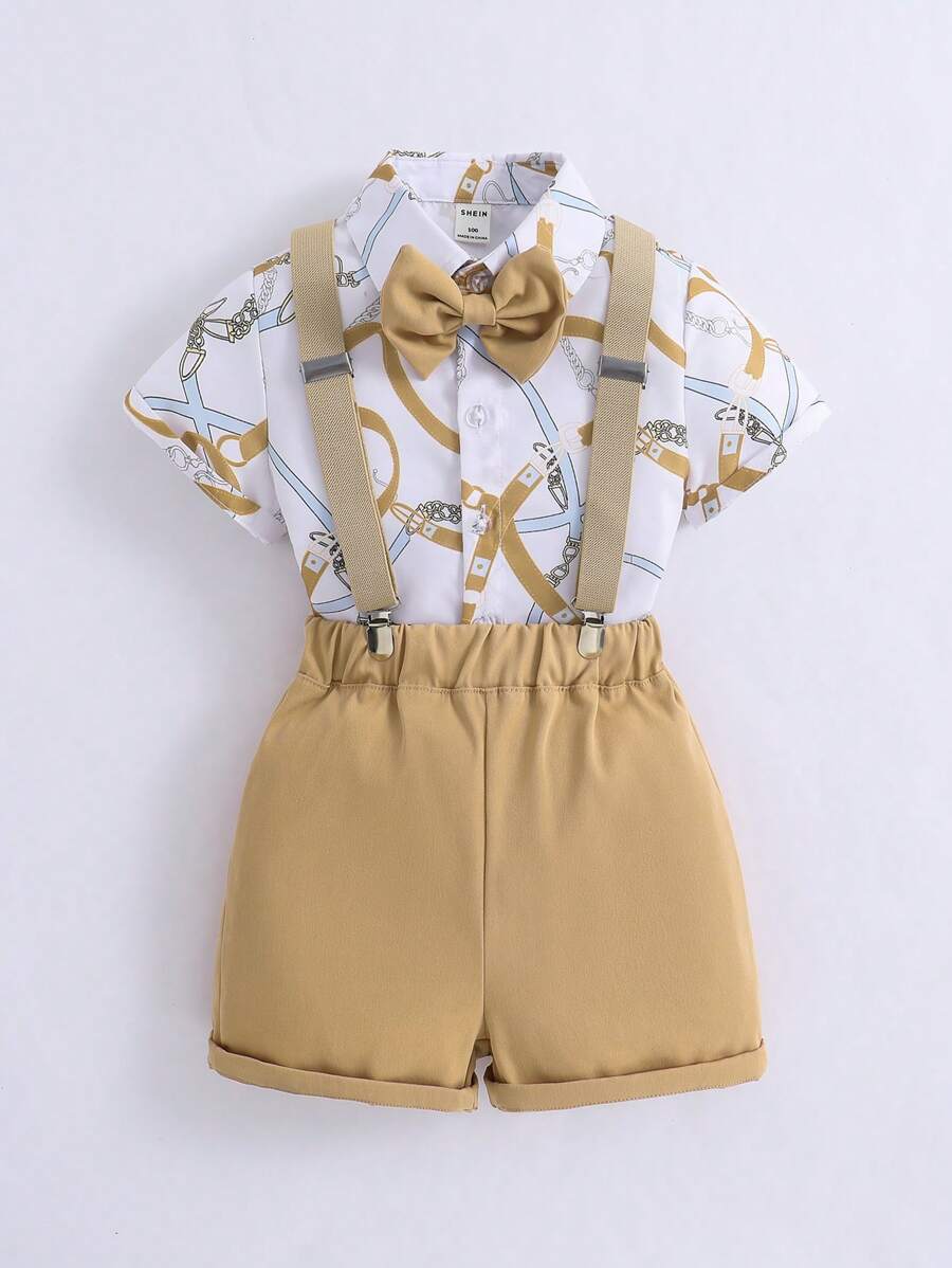 SHEIN 男小童錬條圖案前蝴蝶結襯衫和背帶短褲 - 彩色 - 查看 1
