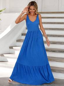 RueChic Plus Size Women Solid Color Round Neck Sleeveless Ruffled Hem Casual Dress - Blue - View 5