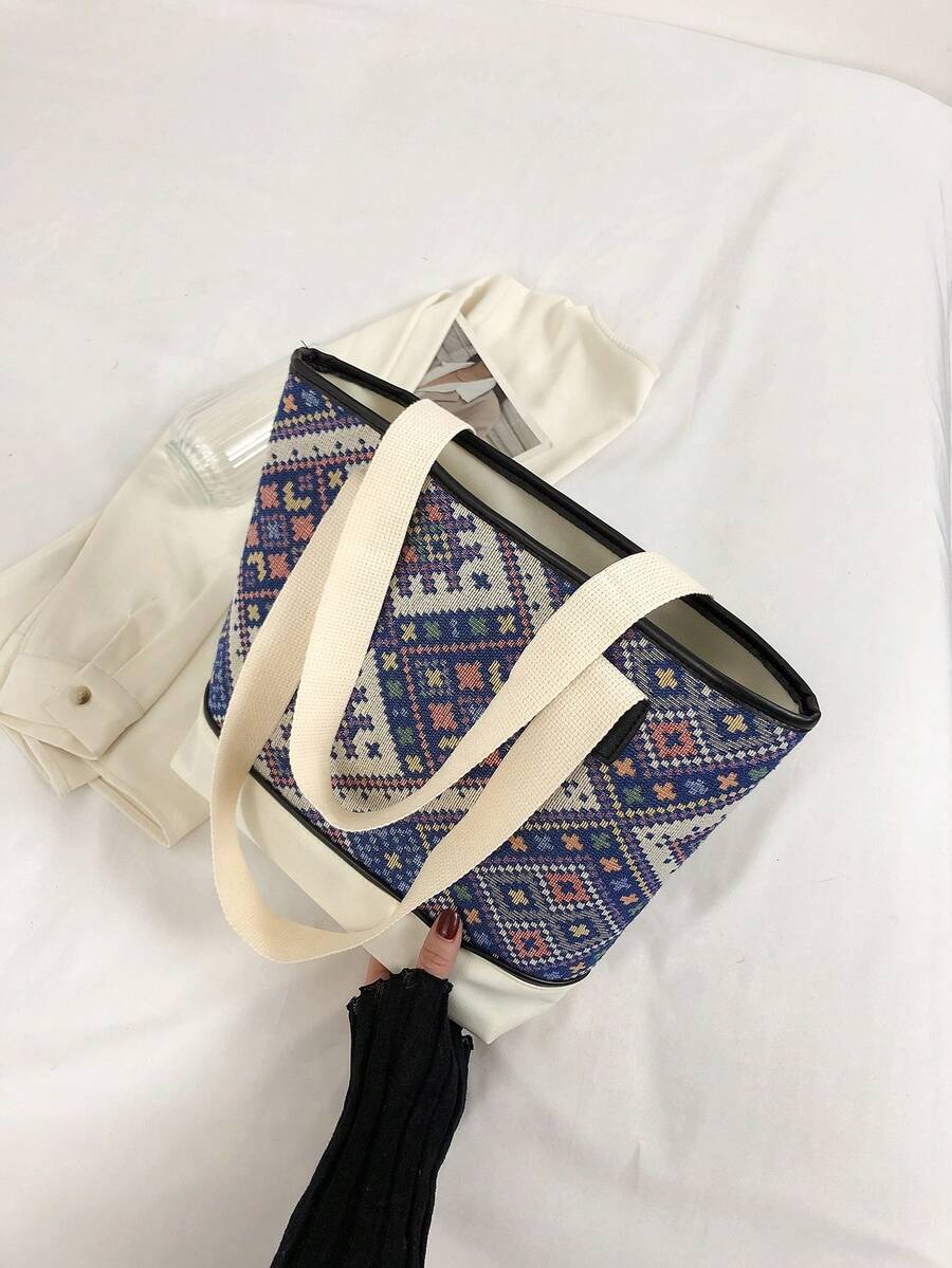 Túi tote đeo vai họa tiết hình học Colorblock Tay cầm đôi thời trang - Màu xanh lam - Xem 1
