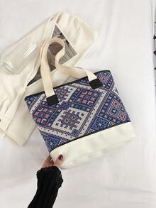 Túi tote đeo vai họa tiết hình học Colorblock Tay cầm đôi thời trang - Màu xanh lam - Xem 2