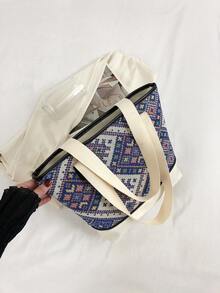 Túi tote đeo vai họa tiết hình học Colorblock Tay cầm đôi thời trang - Màu xanh lam - Xem 4