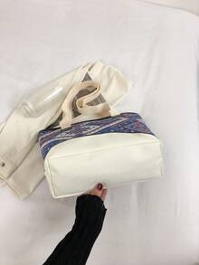 Túi tote đeo vai họa tiết hình học Colorblock Tay cầm đôi thời trang - Màu xanh lam - Xem 5