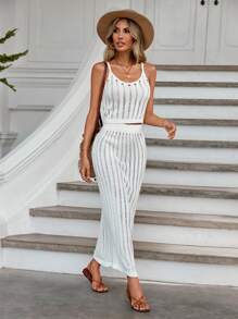RueChic Solid Pointelle Knit Cami Top & Knit Skirt - trắng - Xem 1