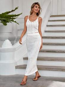 RueChic Solid Pointelle Knit Cami Top & Knit Skirt - trắng - Xem 3