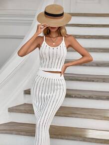RueChic Solid Pointelle Knit Cami Top & Knit Skirt - trắng - Xem 5