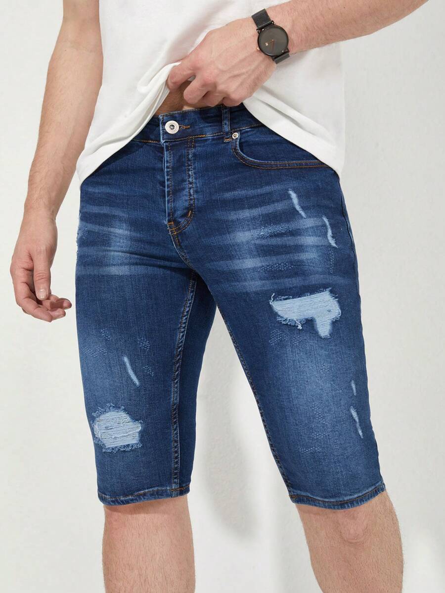 RueChic Hombres Shorts en mezclilla desgarro crudo rasguño de gato - Azul lavado oscuro - Ver 1