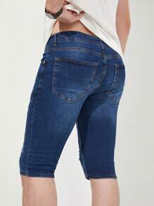 RueChic Hombres Shorts en mezclilla desgarro crudo rasguño de gato - Azul lavado oscuro - Ver 2